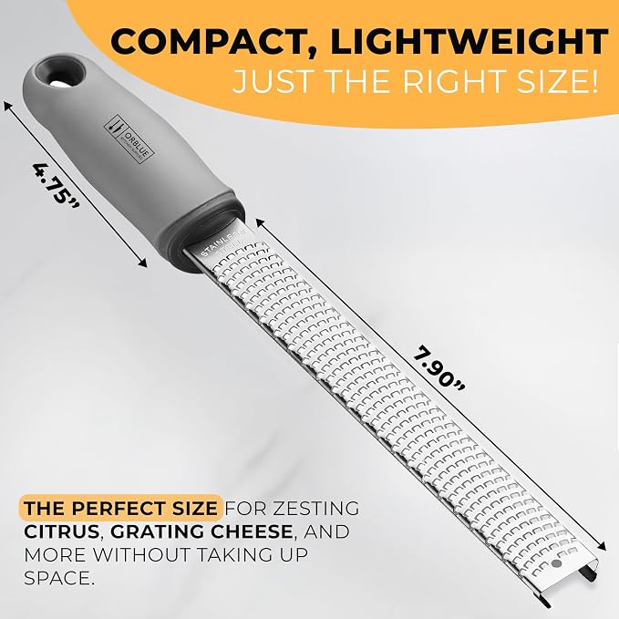 Orblue Lemon Zester & Cheese Grater - Premium Citrus Zester, Kitchen Grater for Parmesan, Chocolate, Fruits, Vegetables, Ginger, Garlic, Nutmeg - Stainless Steel Blades with Protective Cover, Gray