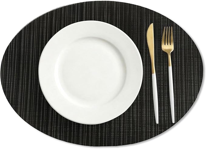 AHHFSMEI Oval Placemats Set of 6 Woven Vinyl Non-Slip Heat Resistant Stain Resistant Easy Clean Place mats for Dining Table(Black)