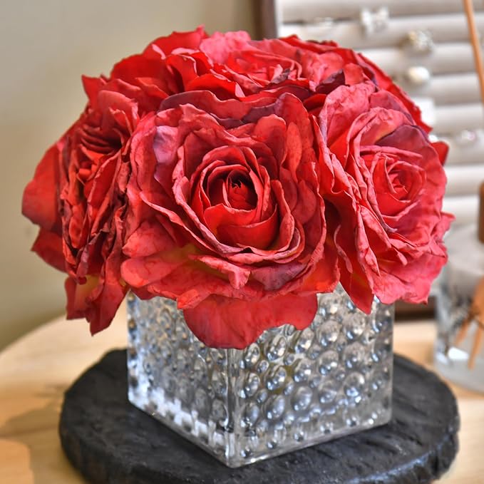 Artificial Rose in Glass Vase Vintage Silk Flower Arrangement with LED Light for Table Centerpiece Home Wedding Decoration (Red)