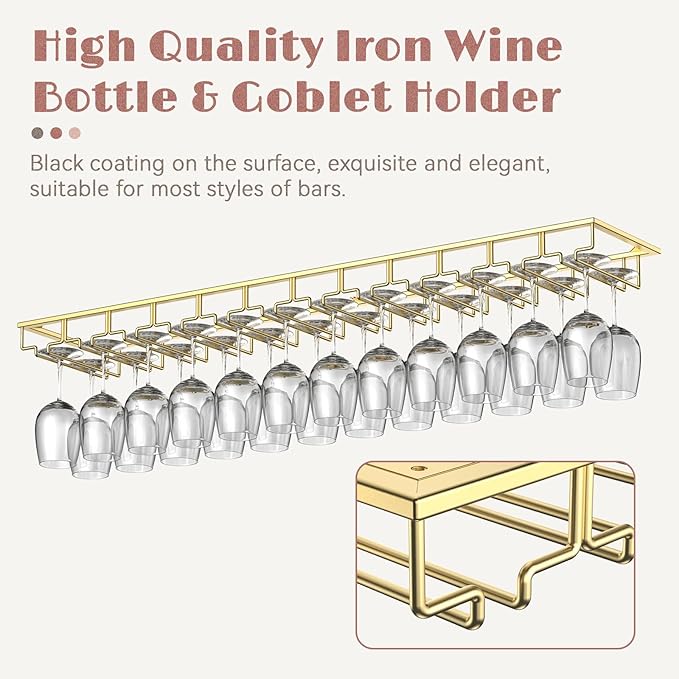 Xverycan Wine Glass Rack Under Cabinet, 12 Row Extreme Large Stemware Hanger, Metal Wine Goblet Holder, DIY Bar Glass Storage Rack for Bar Counter, Kitchen, Screws Included (Gold)