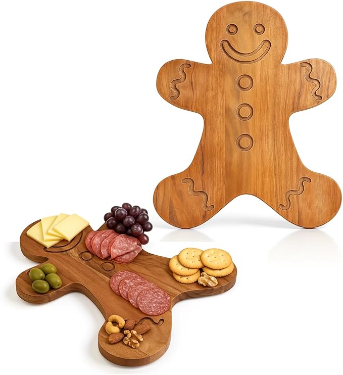 Aurah Gingerbread Shaped Acacia Wood Cutting Board for Kitchen Decorative - Wooden Charcuterie Serving Platter Snack, Fruit & Cheese - Housewarming, Wedding Gifts (13.5 x 10.5 Inch)