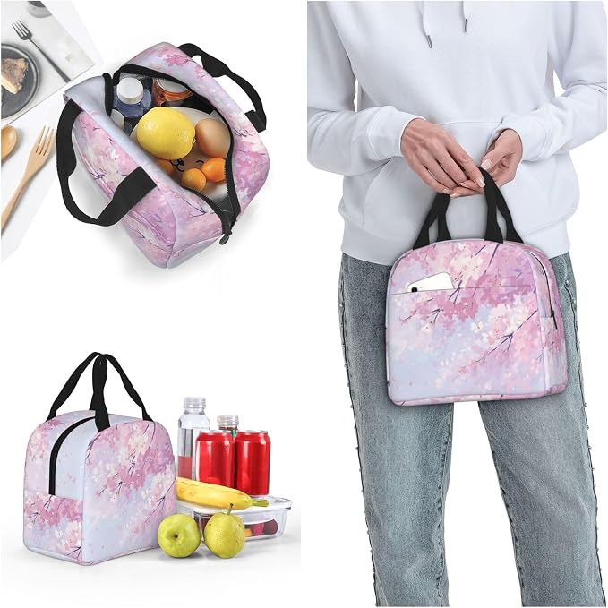 Insulated Lunch Bag Floral Cherry Blossom Flower, Leakproof Lunch Tote for Work School, Reusable Lunch Box Cooler for Adults Students, Compact Lunch Bag for Office College Picnic