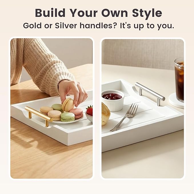 Wood Serving Tray with Metal Handles, 17x13in Large Wooden Tray for Ottoman, Coffee Table, Breakfast, Dinner & Bar, Decorative Tray for Living Room, Bedroom, Bathroom and Kitchen, White