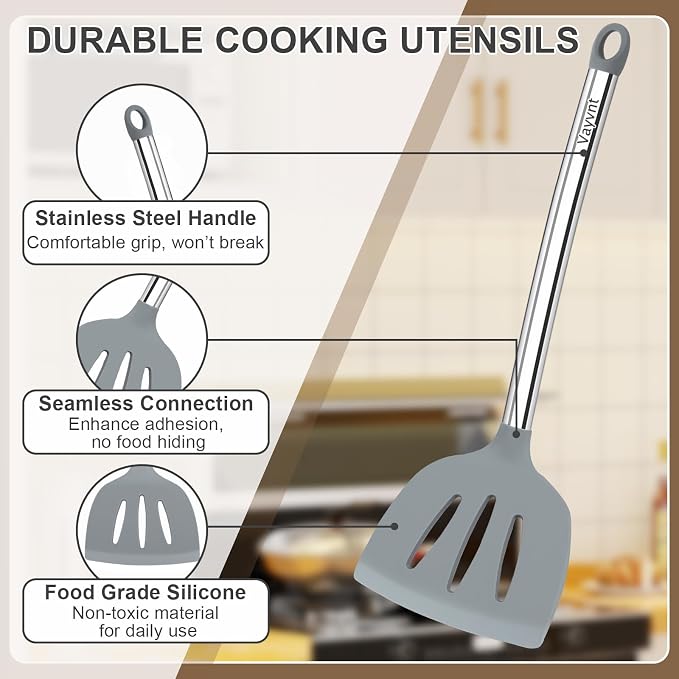 Vayvnt 8 PCS Cooking Utensils Set, Non-toxic Silicone Utensils, Gray | Heat Safe to 480℉, Dishwasher Safe, Stainless Steel Long Handle, Food Grade Silicone, Non Scratch, for Non Stick Cookware