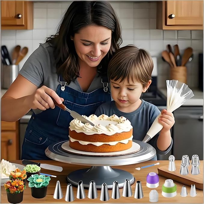 Cake Decorating Kit, 357 Pcs Baking Supplies Tools with Aluminium Cake Turntable, Leveler, 50 Icing Tips, 8 Russian+Ball Tips, 2 Spatulas, 3 Scrapers, 102 Pastry Bags, 109 Cupcake Liners & More