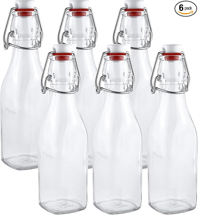 Estilo Swing Top Easy Cap Clear Glass Bottles with Caps, Round, 8.5 oz, Set of 6 - Standard Size, Flip Top Glass Bottles to Store Home Brews, Oils, Vinaigrettes, Wines, Beer, Teas - Syrup Bottles