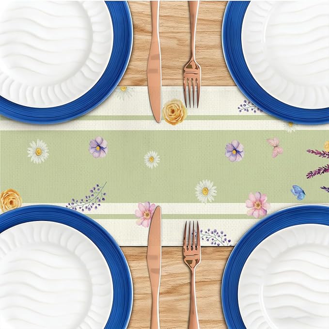Vase Bloom Tulip Lavender Summer Table Runner Linen Spring Summer Table Runners Modern Kitchen Table Decorations Rustic Coffee Table Dresser for Home Dining Party Holiday Decor 13x72 Inch