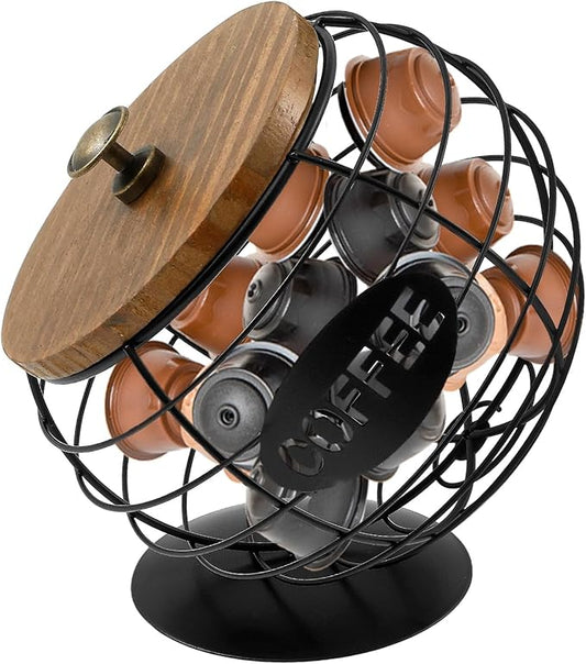 Coffee Pod Holder with Lid, Large Capacity Unique Spherical Design Cup Holder with Wood Lid, Black Wire Coffee Capsule Storage Basket for Kitchen Countertop, Cafe Bar Organizer (black)