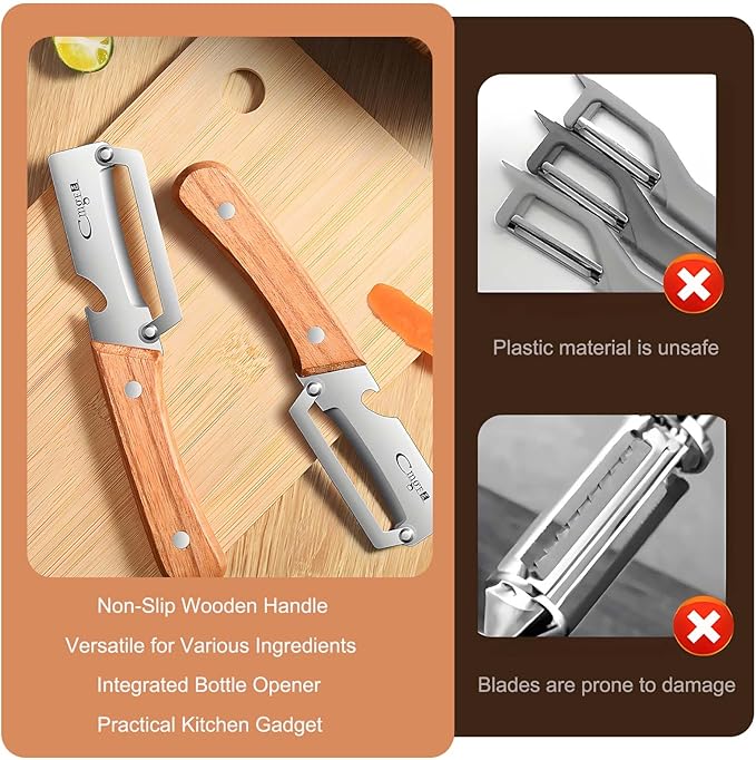 Stainless Steel Vegetable Peelers for Kitchen with Bottle Opener, Non-Slip Wooden Handle - for Paring Fruits and Veggies like Potato, Apple, Carrot, Mango, Lemon, and Sugarcane