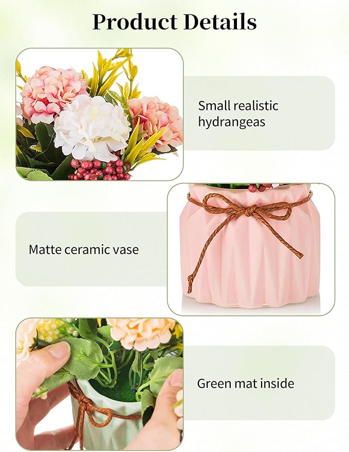 BLOSMON Fake Flowers in Vase for Centerpieces: 4 PCS 5.9 Inch Small Artificial Hydrangea with Vase Table Decor - Faux Floral Arrangements Desk Home Party Bathroom Office Decorations