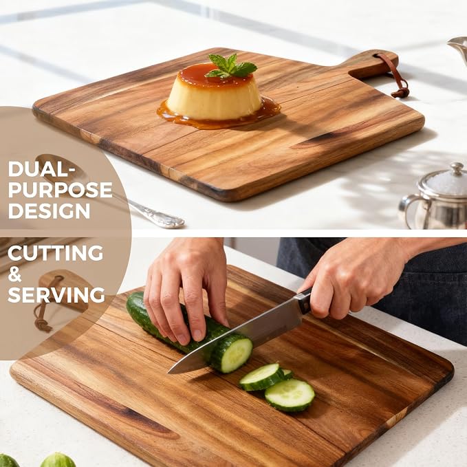 S310 Acacia Wood Cutting Board with Handle, Wooden Chopping Board for Meat, Cheese, Bread & Vegetables, Decorative Charcuterie Serving Board for Kitchen Cooking, Pizza & Party Dining, 17"x13"
