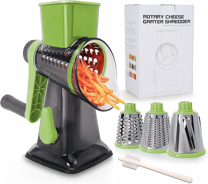 Rotary Cheese Grater with Handle-Versatile Cheese Grater Non-Slip Suction Base,Cheese Shredder & Food Slicer for Cheese,Carrots, Cucumbers,Nuts-Compact & Easy Clean Kitchen Kitchen Tool (Green)