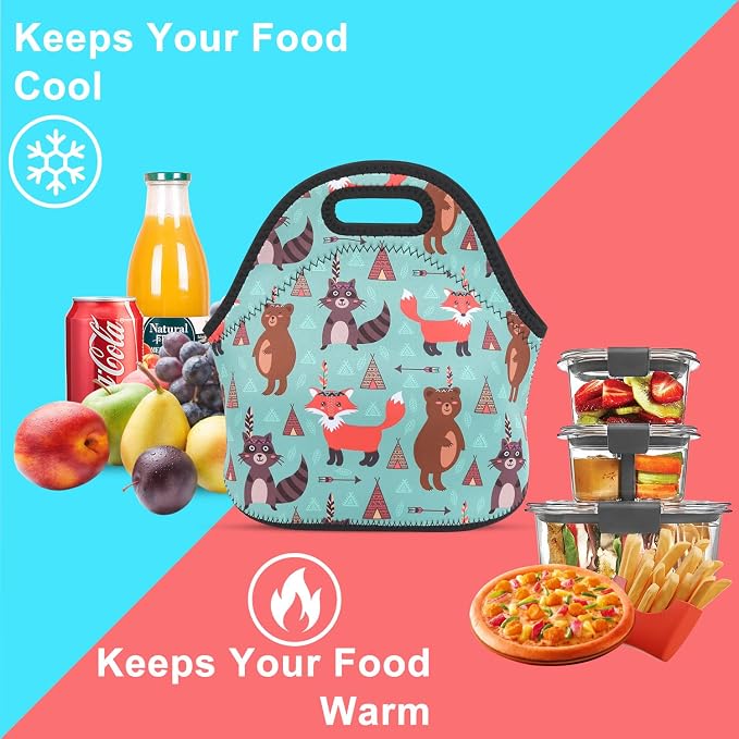 Violet Mist Womens Reusable Neoprene Lunch Bag Cute Insulated Lunch Box Fox Bear Animal Thermal lunch bags Waterproof Food Handbags Meal Prep Lunchbags Travel Work Gift for Women Men Adult