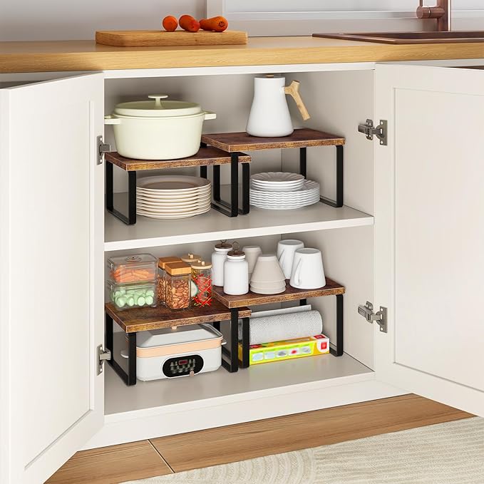 HOOBRO Cabinet Organizer Shelf, Set of 2, Kitchen Countertop Organizer, Kitchen Countertop Shelf, Spice Rack for Counter, Stackable, Expandable for Cabinet, Kitchen, Rustic Brown and Black BF33TL01