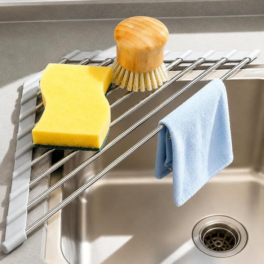 Triangle Roll Up Dish Drying Rack Over Sink, Silicone Wrapped Anti Slip Sink Organizer, Rust Proof Corner Dish Rack, Foldable Heat Resistant Kitchen Sink Organizer for Small Kitchens
