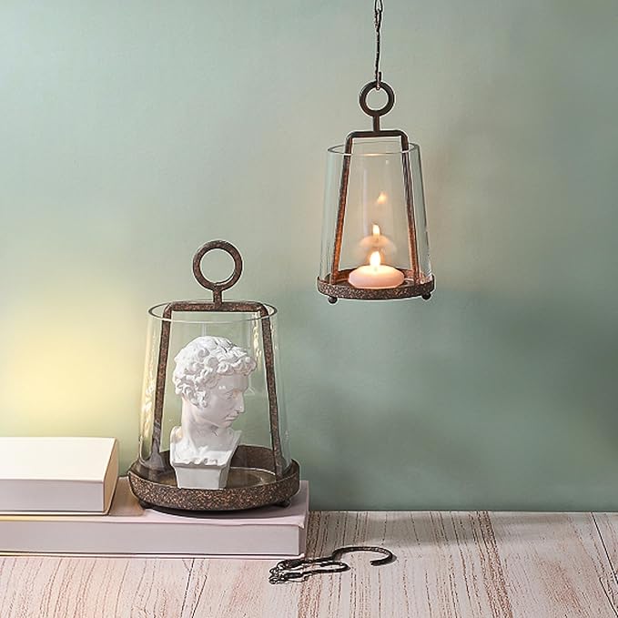 6" & 4" Wide Modern Farmhouse Metal Hurricane Candle Holder with Handmade Sturdy Glass Sleeve in Rustic Brown for Pillar Candle & Plants, Glass Hurricane Lantern, Industrial, Minimalistic