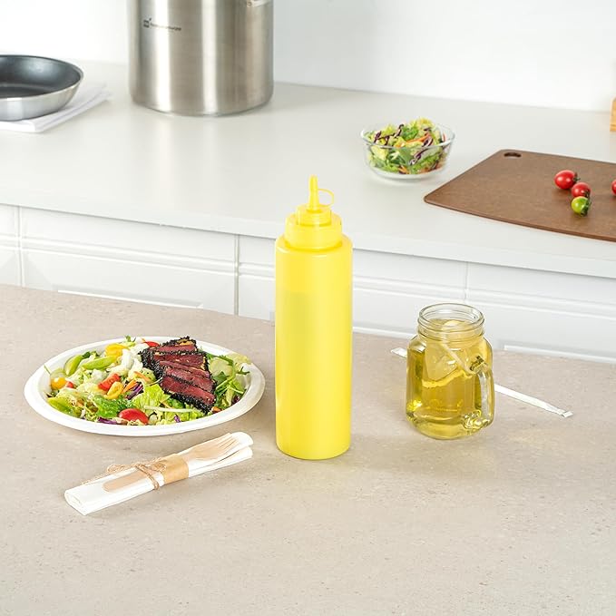 Restaurantware Plastic Squeeze Bottle 32 oz Wide Mouth Condiment Bottle With Cap Reusable Dishwashable Yellow Sauce Dispenser For Syrups, Ketchup, Mustard, Oil, Dressing, Honey, Art And Craft