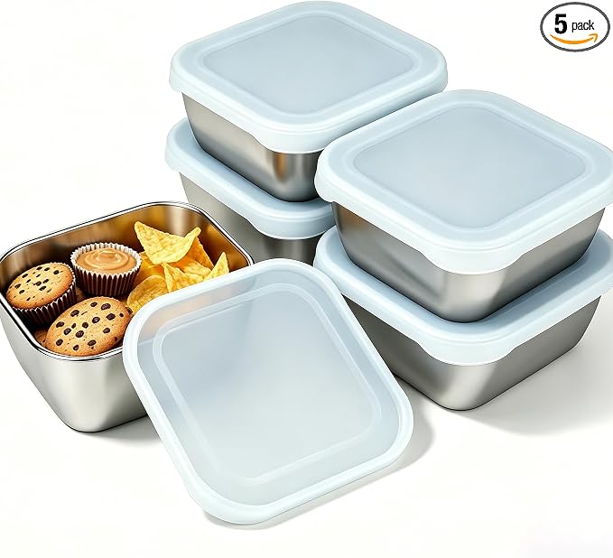 5 Pack 13.53 oz (400 ml) 304 Stainless Steel Snack Container – Leak-Proof, Grill & Oven Safe, Freezer & Dishwasher Safe, BPA-Free Silicone Lid, for Snacks, BBQ, Lunch, Camping, Baking