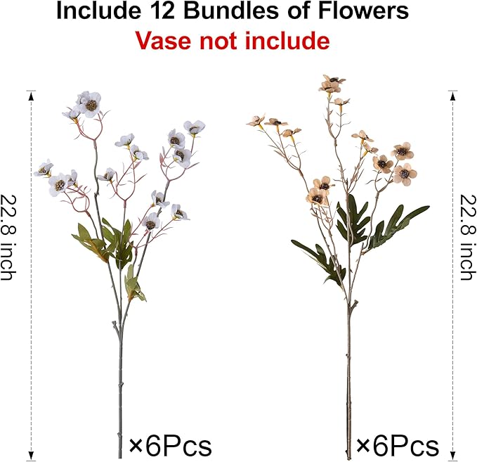florisso Artificial Wild Flowers Indoor, 12 Pcs Long Stems Fake Flowers Silk Faux Flowers for Vase Filler Table Centerpiece Floral Arrangement Home Decor, White Champagne