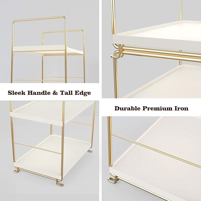 2-Tier Kitchen Spice Rack - Freestanding Stackable Bathroom Countertop Storage Shelf - Cosmetic Organizer Holder- Square Standing Rack (Golden)