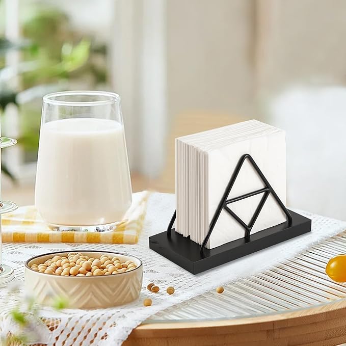 Napkin Holder, Metal Wire Triangle Shape & Wooden Paper Towel Holder, Napkin Holder for Table, Modern Napkin Dispenser for Kitchen, Table Decor, Cocktail Bar (Black)