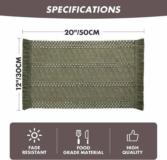ZeeMart Macrame Style Boho Placemats Set of 4, Moss 12x20 Inch | Decorative Farmhouse Table Mats, Natural Cotton Woven Place Mats, Bohemian Home Decor for Kitchen Dining Table