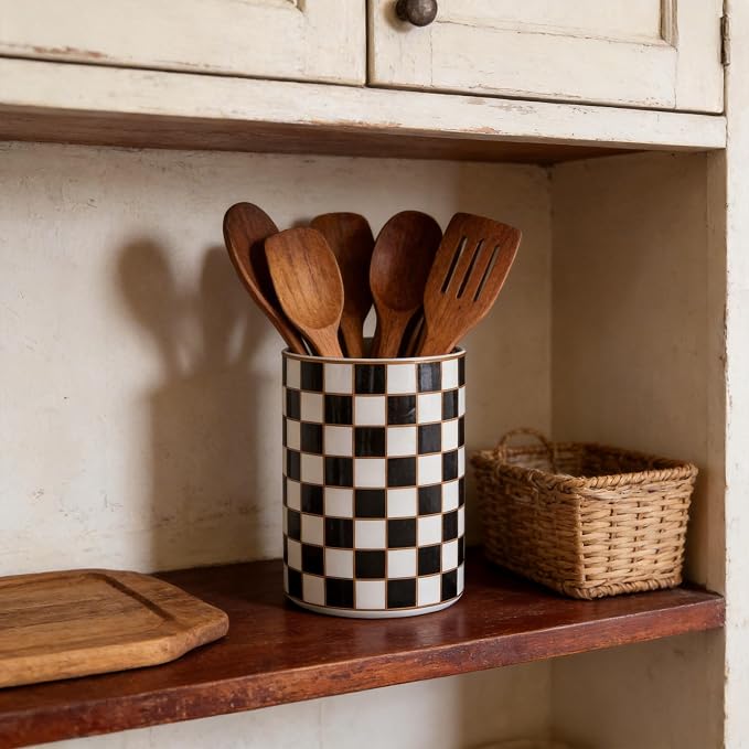 Checkered Kitchen Utensil Holder,Black And White Ceramic Cooking Utensil Holder Modern Utensil Crocks for Kitchen Counter,Housewarming Gift, Farmhouse Kitchen Decor and Accessories (Black)