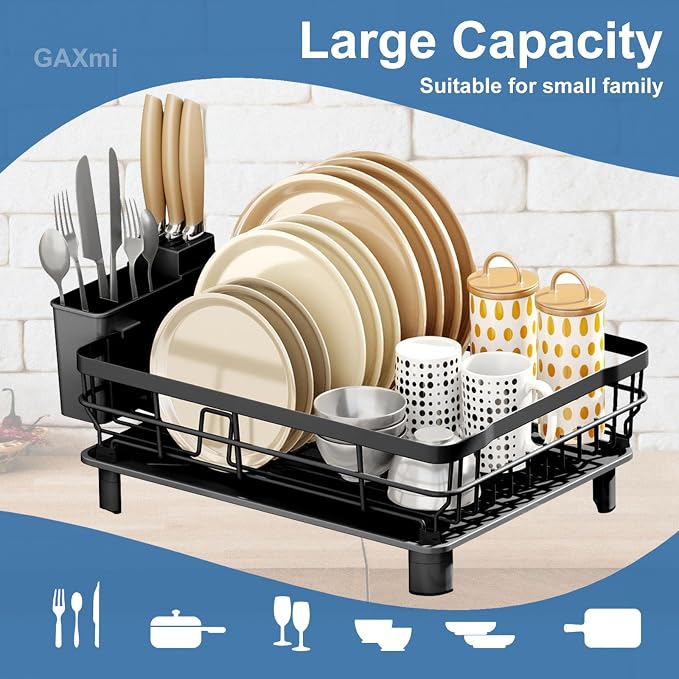 GAXmi Dish Drying Rack with Drainboard for Kitchen Countertop 1-Tier Black | With utensil holder, Over the sink, Quick drainage, Space-saving, Large capacity