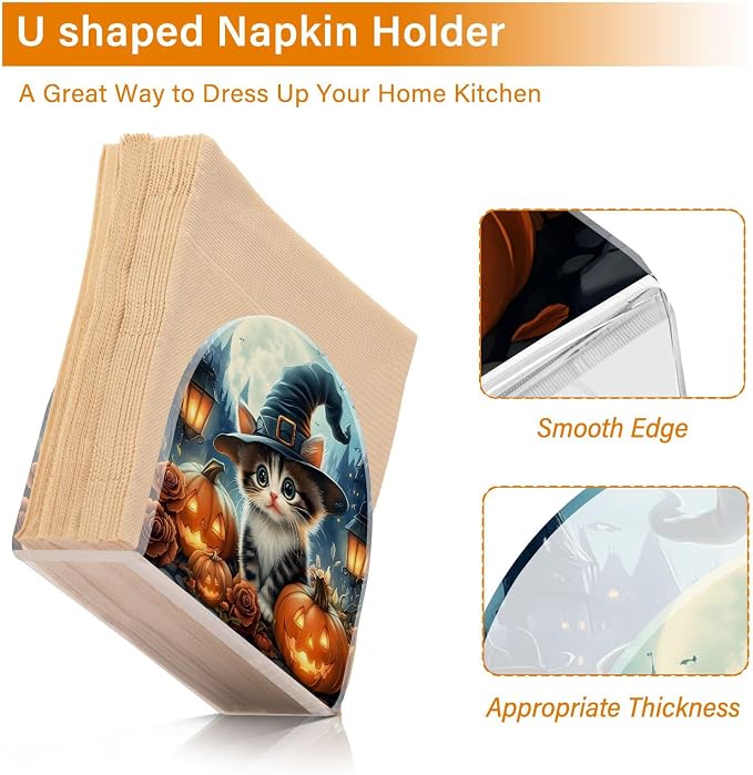Halloween Cat Pumpkin Lantern Napkin Holder for Tables Paper Cocktail Napkin Holders for Kitchen Dinning,Acrylic Dinner Napkin Dispenser for Restaurant Home Decor Bar Accessories 2 Pack