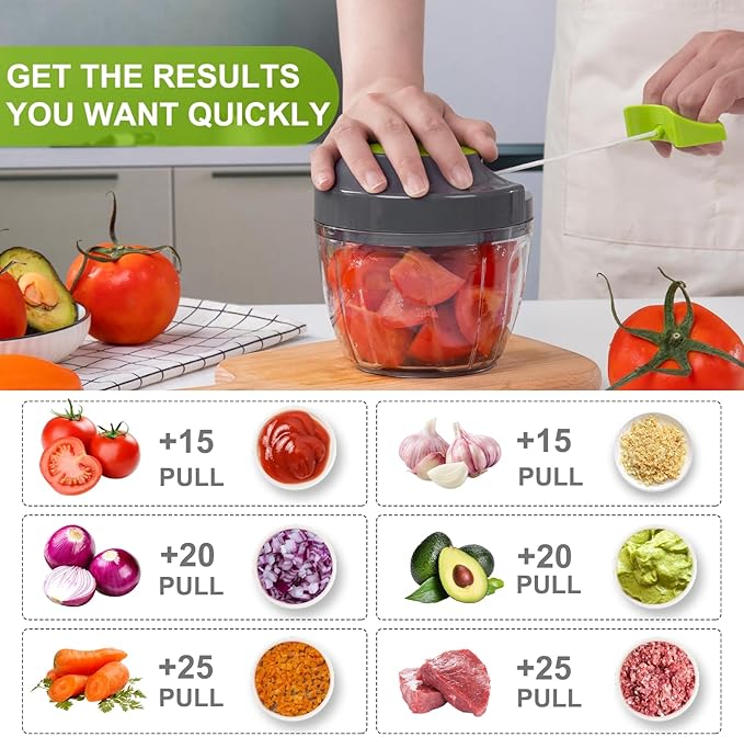 Manual Food Processor Vegetable Chopper, Portable Hand Pull String Garlic Mincer Onion Cutter for Veggies, Ginger, Fruits, Nuts, Herbs, etc., 650ml-Gray