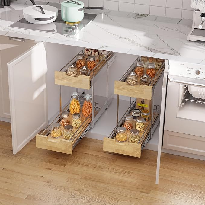 Sikarou Pull Out Cabinet Organizer,Heavy-Duty Slide Out Shelf, Wood and Wire Basket, Pull Out Drawer for for Kitchen Under Sink Space, Pantry, Bathroom, 2 Tie 9 * 21 in