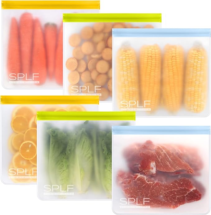 SPLF 6 Pack Reusable Gallon Freezer Bags Dishwasher Safe, BPA Free 1 gallon Leakproof Silicone and Plastic Free Food Storage Bags for Meal Prep, Fruits, Sandwich, Snack, Travel Items - Muticolor