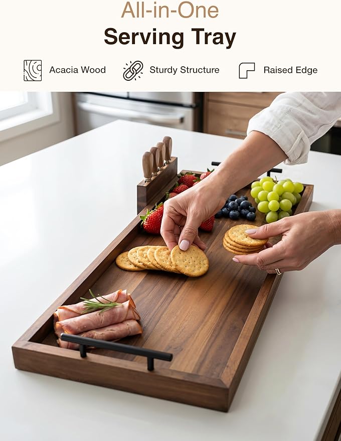 TIDITA Acacia Large Charcuterie Boards for Party with Cheese Knife Set of 4 – Acacia Wood Serving Tray with Handles, Long Charcuterie Board, Wooden Cheese Board (Walnut Color, 30 Inch)