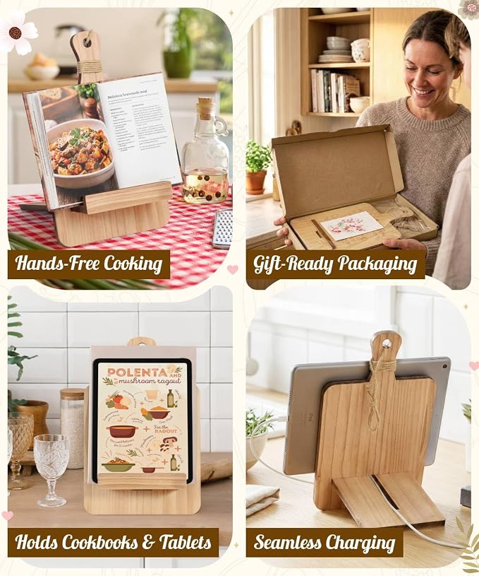 Putuo Decor Reversible Wood Cookbook Stand for Kitchen Counter Adjustable Recipe Book Holder Everything Tastes Better in Mom's Kitchen with Tablet Slot Gift Ready