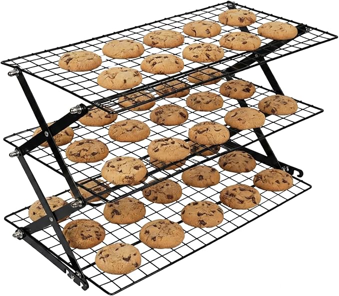 3 Tier Collapsible Cooling Rack, Adjustable Stackable Wire Cooling Racks for Baking, Tight-Grid Cookie Cooling Rack, Space-Saving Baking Rack for Small Kitchen, Camping & BBQ