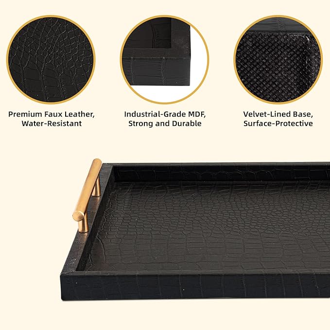 Modern Elegant Large Wood Serving Tray, Set of 2 Black Crocodile Leather with Gold Polished Metal Handles, Home Decorative Rectangle Ottoman Decor Platter Living Room Bathroom Vanity Tray