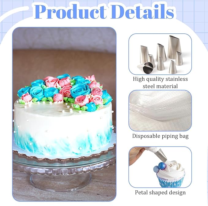 113pcs Flower Piping Tips and Bags Set, 8 Stainless Steel Petal Nozzles, 100 Disposable Pastry Bags, 3 Scrapers & 2 Bag Ties, Rose Icing Tip for Roses Bows Ruffles Cupcakes DIY Decoration