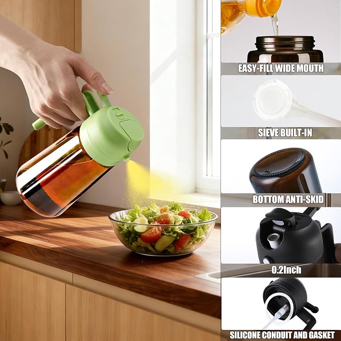 OURCABECUE 2 in 1 Olive Oil Sprayer for Cooking, 16oz Olive Oil Dispenser Bottle for Kitchen, Light-Blocking Dark Glass Oil Bottle, Food-Grade Oil Mister with 8 Oil Stickers (Brown Bottle-Green Cap)