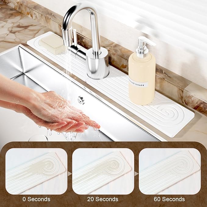 Hopegiver Stone Faucet Mat for Kitchen Sink - Fast Drying Diatomite Sink Protector Prevent Moisture, Super Water Absorbing Stone Tray for Kitchen & Bathroom Counter (White, 23.6"x3.9")