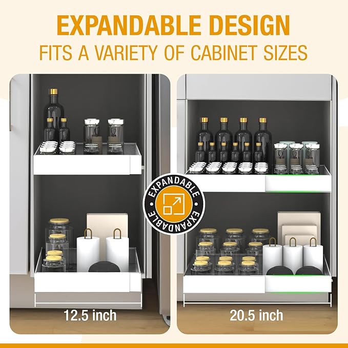 Expandable Pull Out Drawers for Cabinets (White): Kitchen and Pantry Organizer, Sliding Cabinet Organizer with Adhesive, Under Sink and Pots Storage, 12.5"-20.5". expandable pull out cabinet organizer