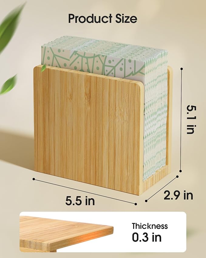 MaxGear Bamboo Napkin Holder for Tables, Wooden Freestanding Tabletop Tissue Dispenser for Kitchen, Dining Room, Party, Outdoor, Holds 5.5x5.5 or Larger Napkins for Home, Restaurant, Hotel, 1 Pack