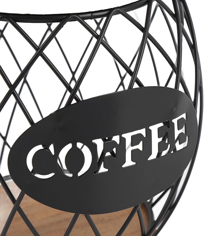 Large Capacity Coffee Capsule Organizer K Cup Storage Holder with Lid, Iron Wire Basket Wood Base for Kitchen Cafe Bar Coffee Bar Accessories BLACK