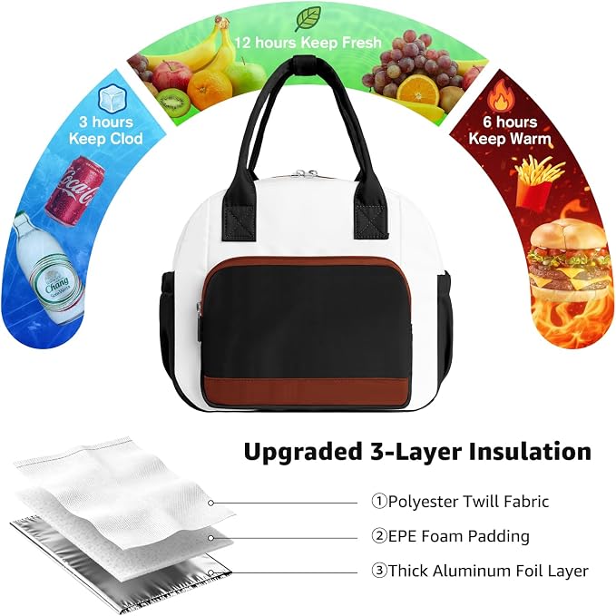 Stylish Color-blocked Lunch Bag for Women, Leakproof Lunch Box for Adult Girls, Large Capacity Reusable Lunch Box for Work Picnic Travel (Black with Off White with Brown)