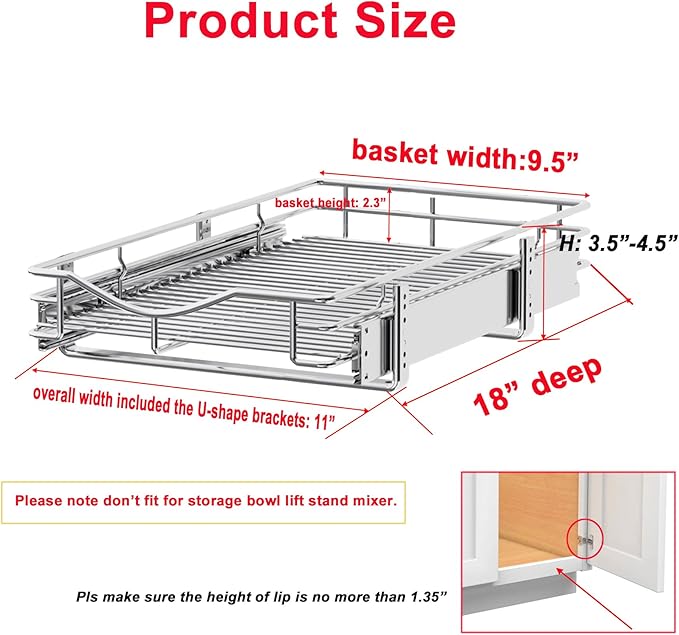 DINDON Pull Out Cabinet Organizer, (11" W x 18" D) Heavy-Duty Metal Sliding Drawer Shelf, Bathroom Under Sink Kitchen Cabinets Organizer and Storage Slide Out Shelves, Chrome, 1 Tier, 2 Pack
