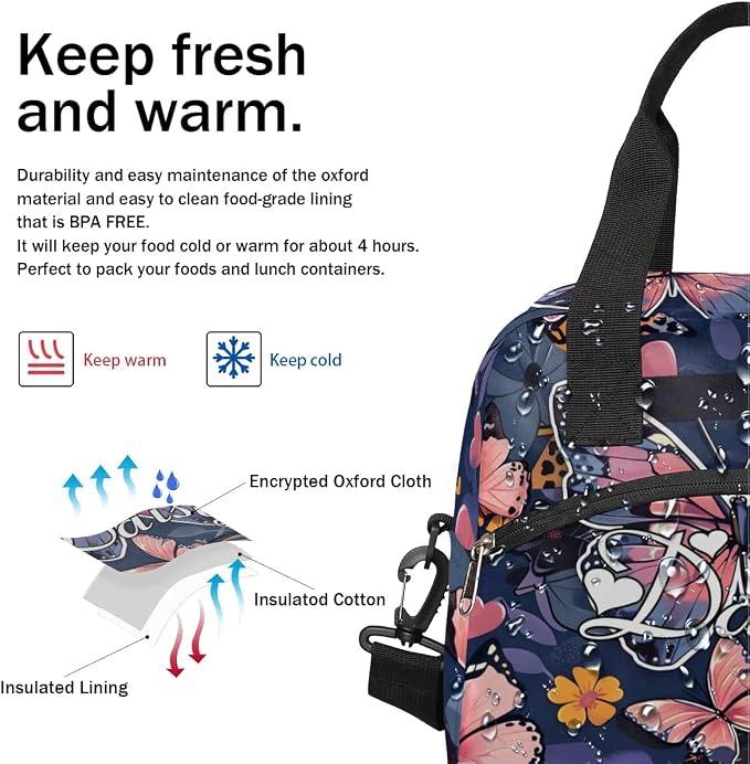 Personalized Butterfly Lunch-Bag for Women, Custom Insulated Cooler Lunch Box with Name, Leakproof-Reusable Lunch Tote Bag for Work Office Picnic - Multi 2