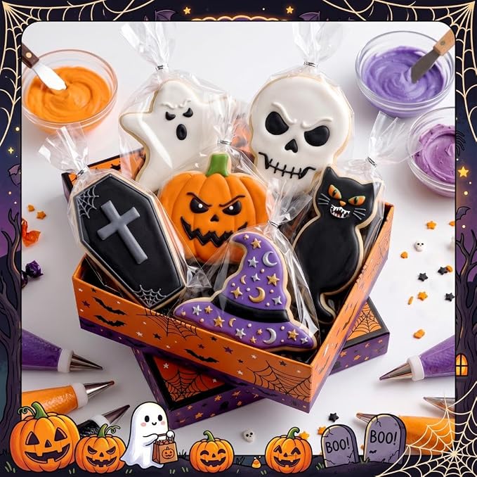 Halloween Cookie Cutters Set, HUINF 12Pcs Stainless Steel Cookie Cutters - Bat, Ghost, Pumpkin, Cat, Spider, Spider Web, Coffin, Witch's Hat, Skull, Tombstone Shapes for Halloween Baking