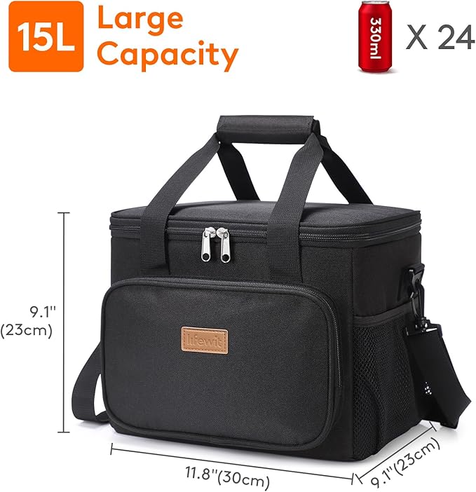 Lifewit Large Lunch Bag, Insulated Lunch Box, Soft Cooler Cooling Tote for Adult Men Women, Black 24-Can (15L)