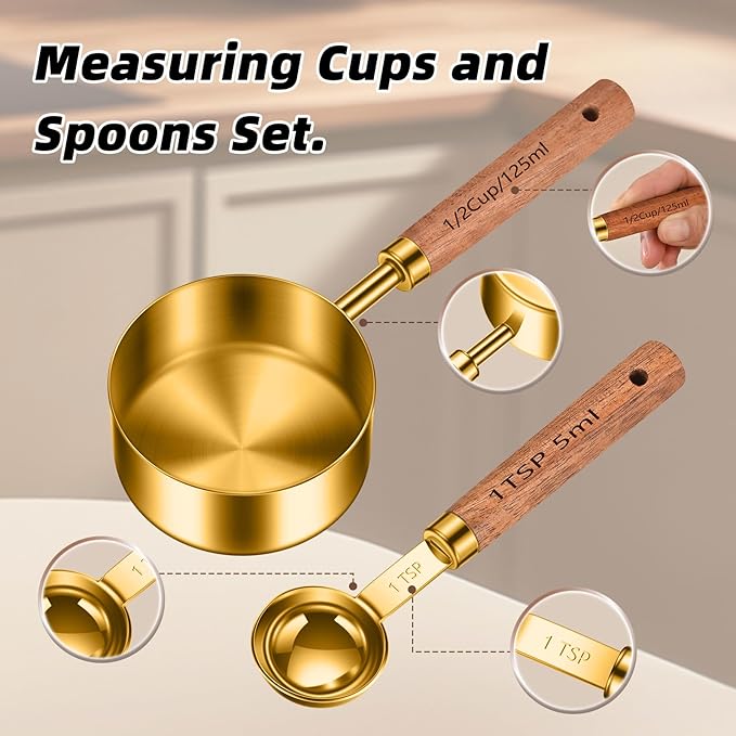 Wooden Handle Measuring Cups & Spoons Set 8-Piece – Stainless Steel, Stackable, Rustic Farmhouse Kitchen Gadgets, Non-Toxic, Dishwasher Safe, Gift for Bakers & New Homeowners