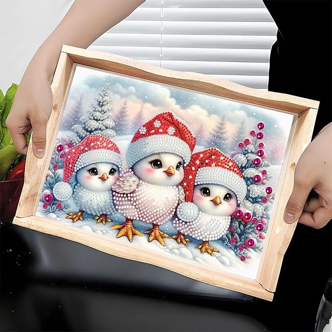 DIY Diamond Serving Tray Diamond Art Painting Creative Design Handmade Wooden Tray Dinner Plate for Coffee Breakfast Home Organizer-Christmas Bird
