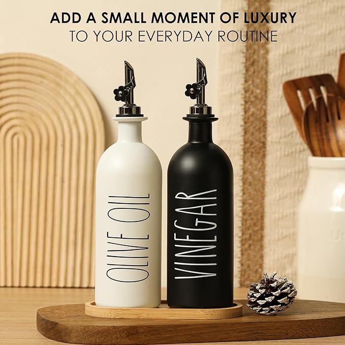 HOMCDALY 16oz Olive Oil Dispenser Bottles for Kitchen, Glass Oil Dispenser for Kitchen with Bamboo Tray, Oil&Vinegar Dispenser Set | Set of 2 (16oz-P-Black&White)